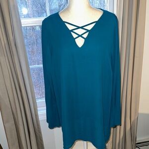 Violet & Claire Deep teal Crisscross V-Neck Blouse with bell slit sleeves
